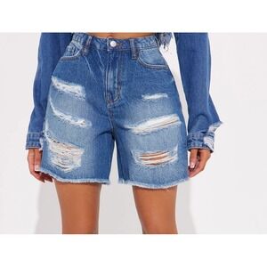 Fashion Nova Women's Wanna Fall in Love Ripped Denim Shorts - Med Wash - Sz 1
